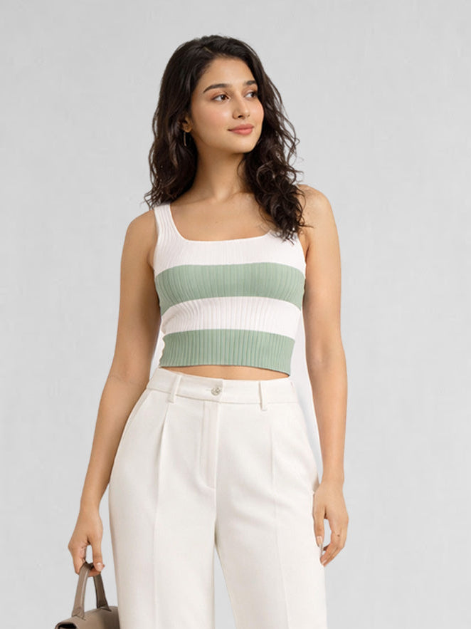 Women Cotton Ribbed Colorblock Sleeveless Crop Top – Sage Green