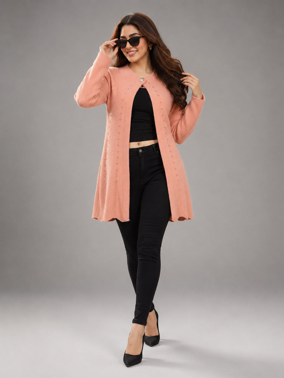 Women Peach Orange Pearl Embellished Longline Cardigan