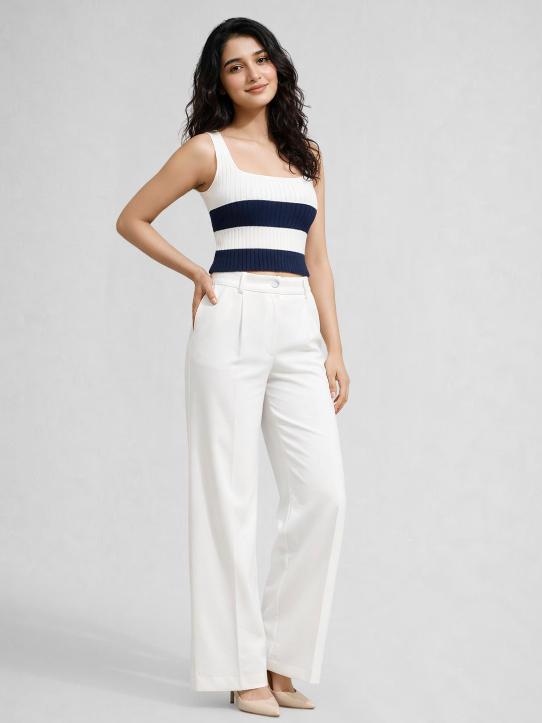 Women Cotton Ribbed Colorblock Sleeveless Crop Top – Navy Blue