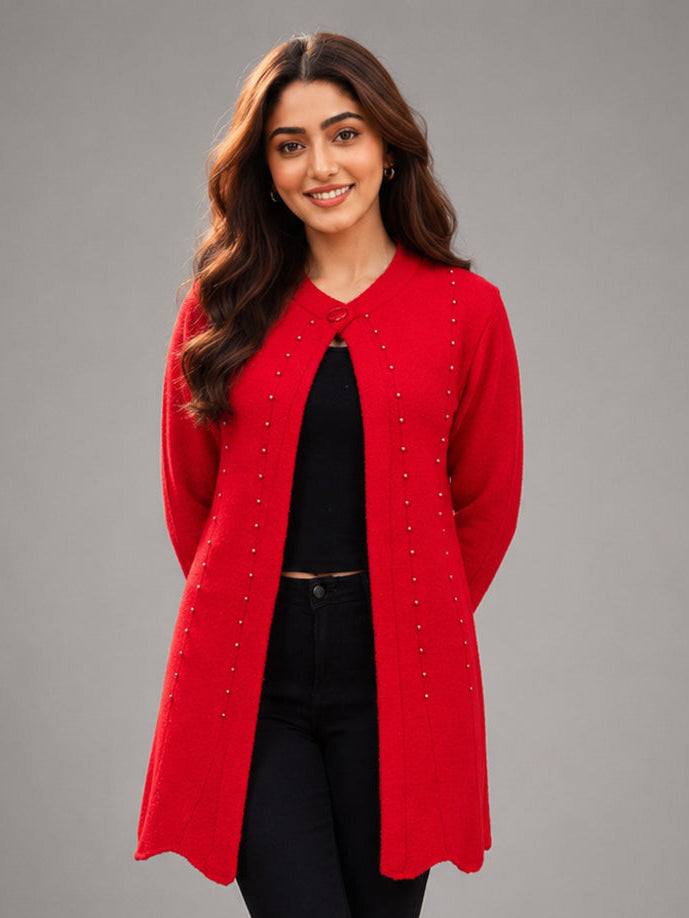 Women Red Pearl Embellished Longline Cardigan