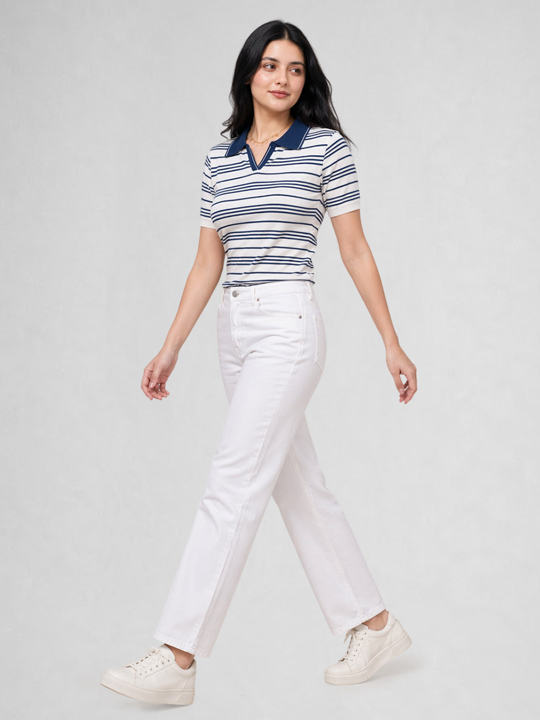 Women White & Blue Striped Polo Collar T-Shirt