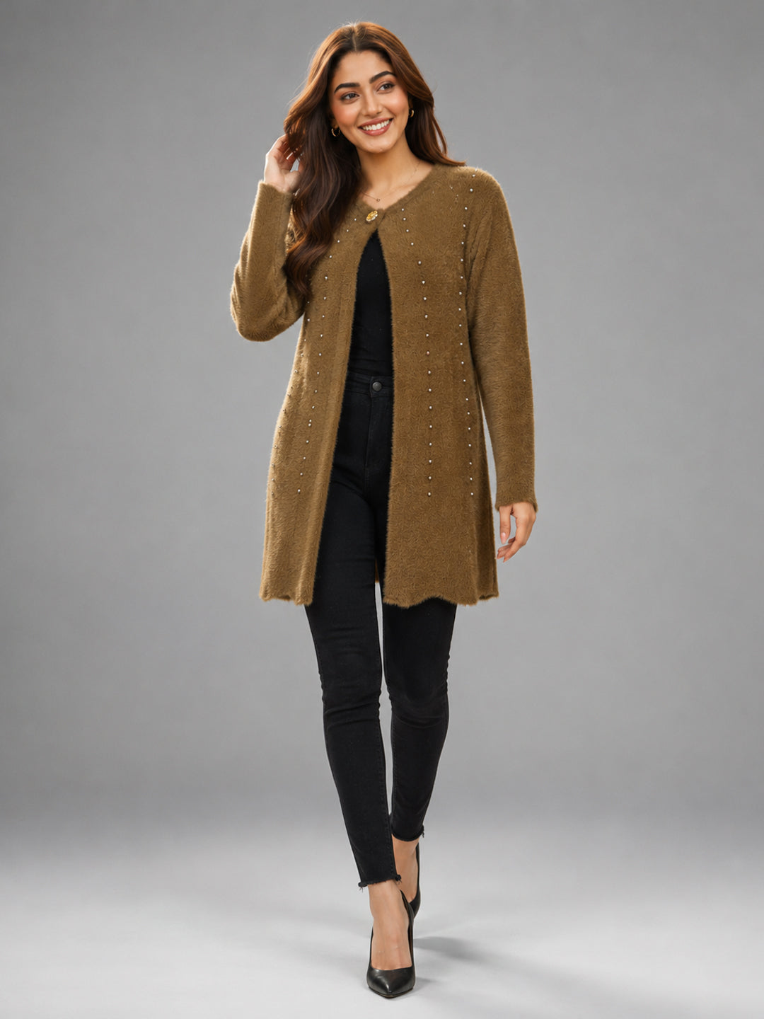 Women Brown Pearl Embellished Longline Cardigan