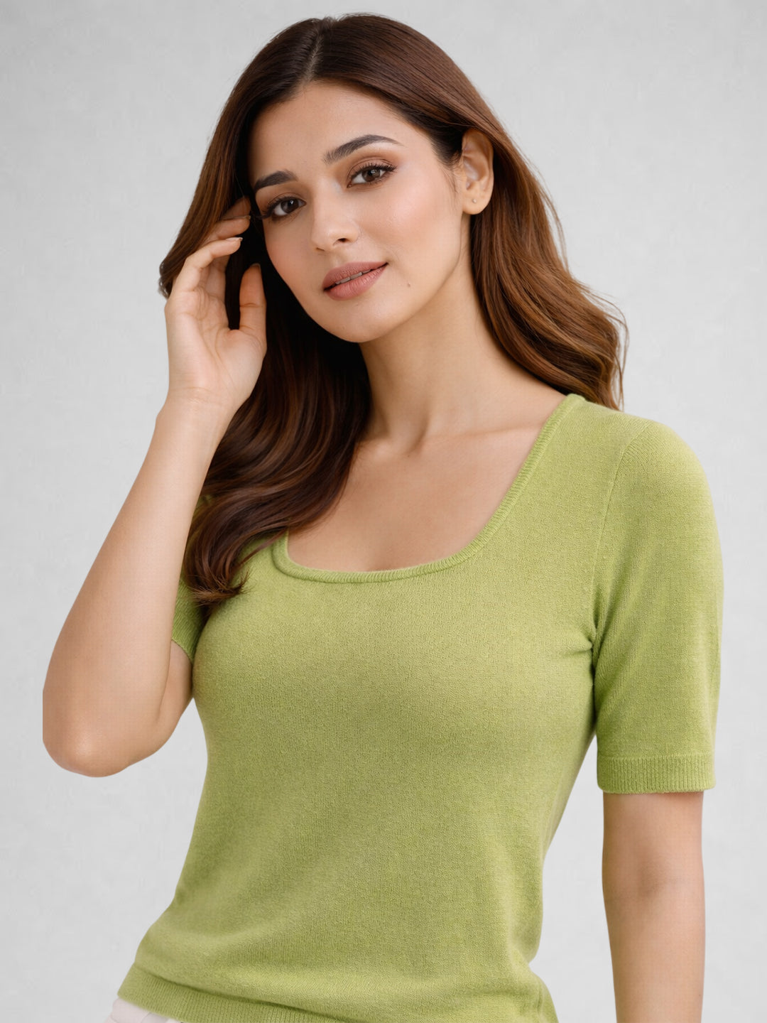 Women Cotton Ribbed Scoop Neck Half Sleeve Top Lime Green