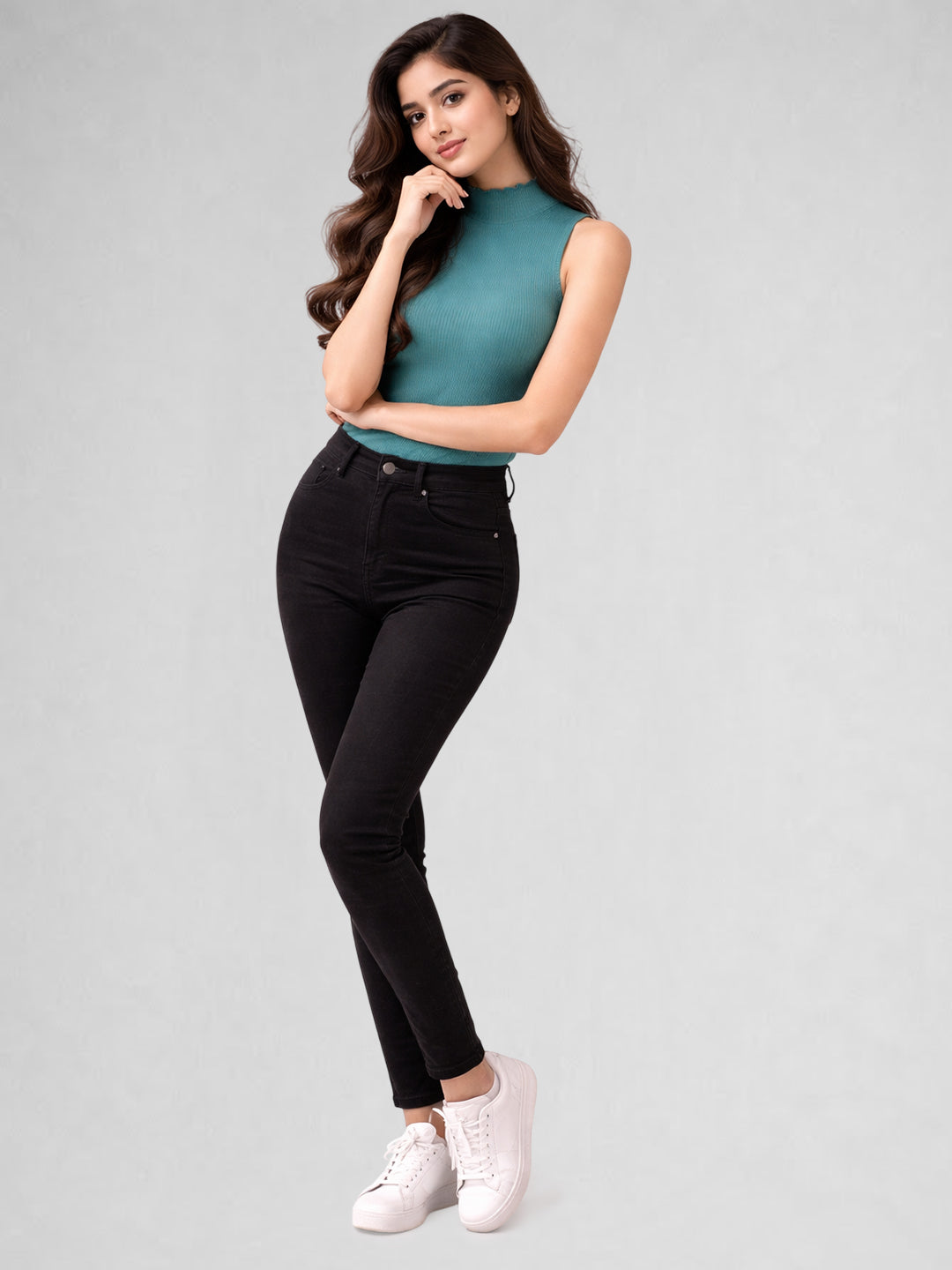 Women Ribbed High Neck Sleeveless Crop Top – Teal