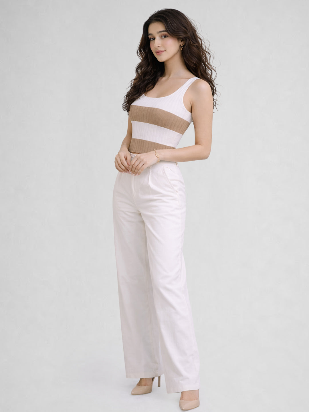 Women Cotton Ribbed Colorblock Sleeveless Crop Top – Brown