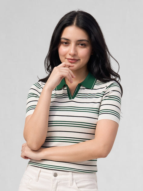 Women White & Green Striped Polo Collar T-Shirt