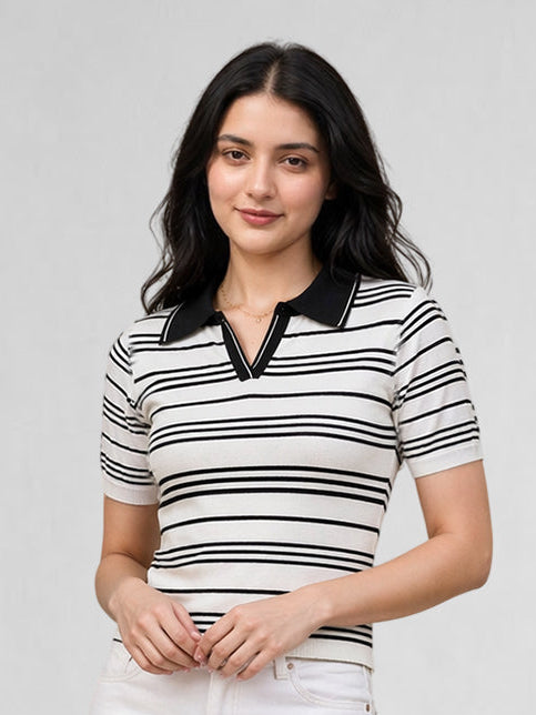 Women White & Black Striped Polo Collar T-Shirt