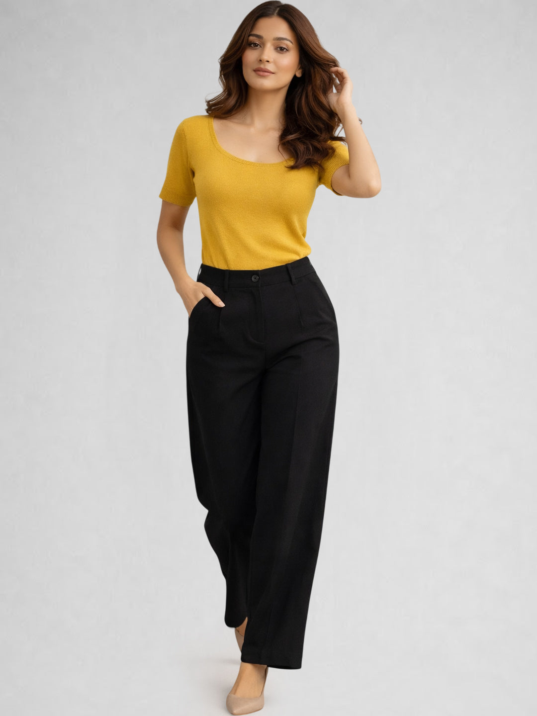 Women Cotton Ribbed Scoop Neck Half Sleeve Top Yellow
