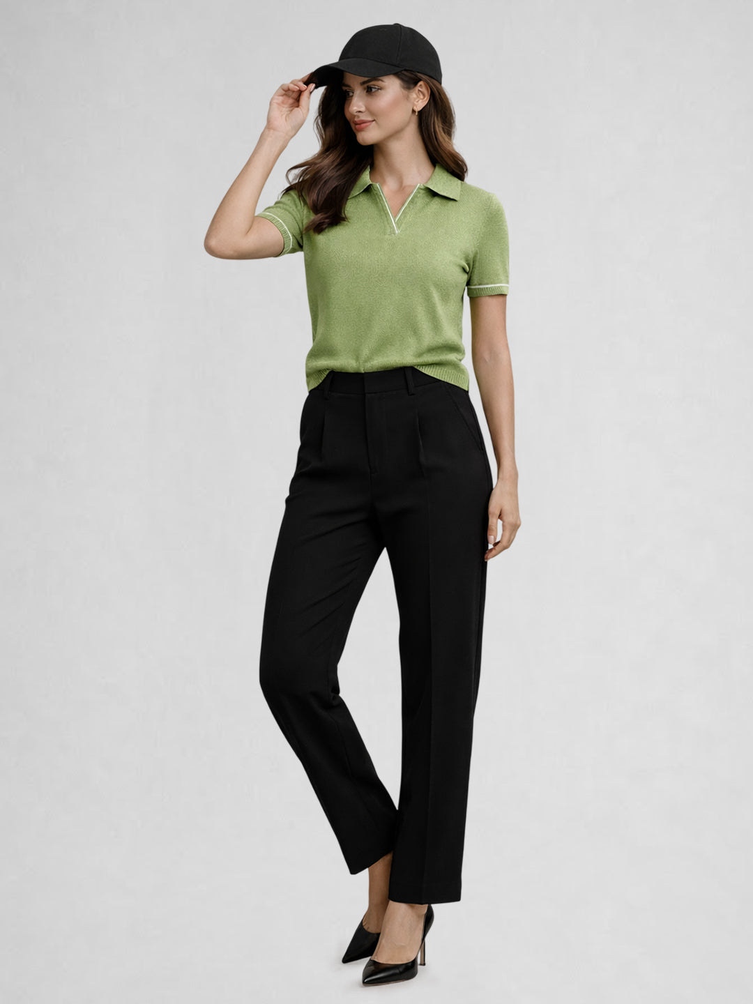 Women Solid Polo Collar Short Sleeve T-Shirt – Lime Green