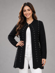Women Black Pearl Embellished Longline Cardigan