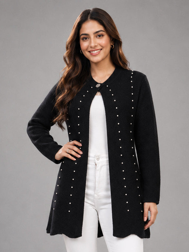 Women Black Pearl Embellished Longline Cardigan