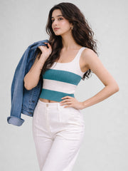 Women Cotton Ribbed Colorblock Sleeveless Crop Top – Teal