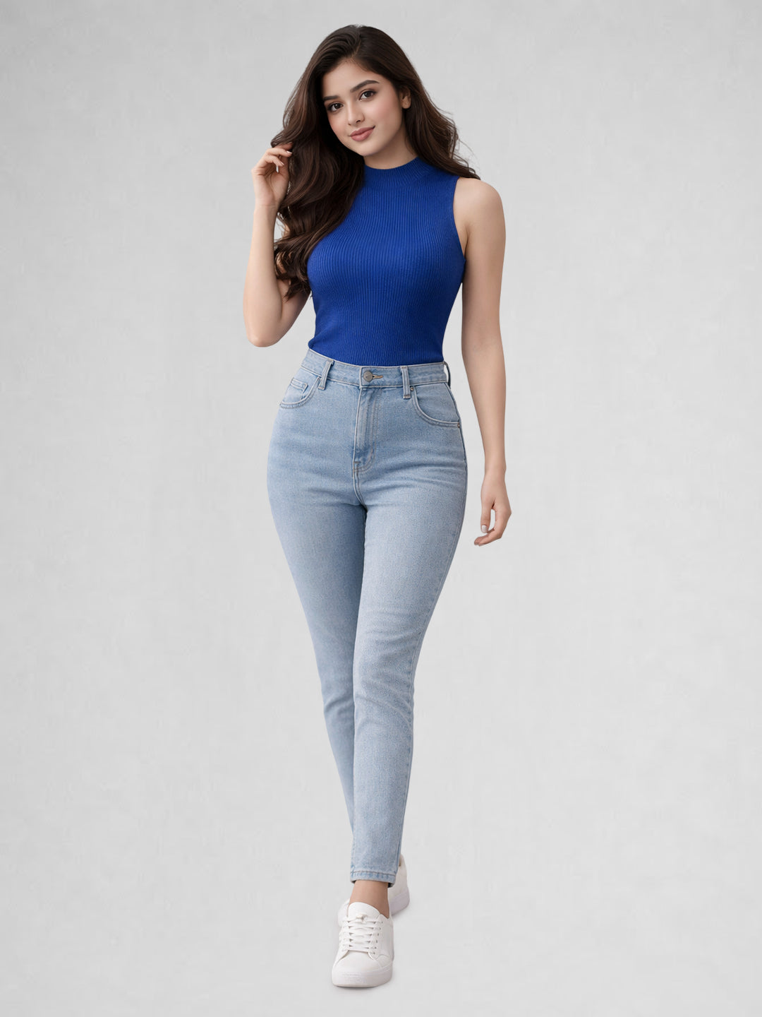 Women Ribbed High Neck Sleeveless Crop Top – Dark Blue