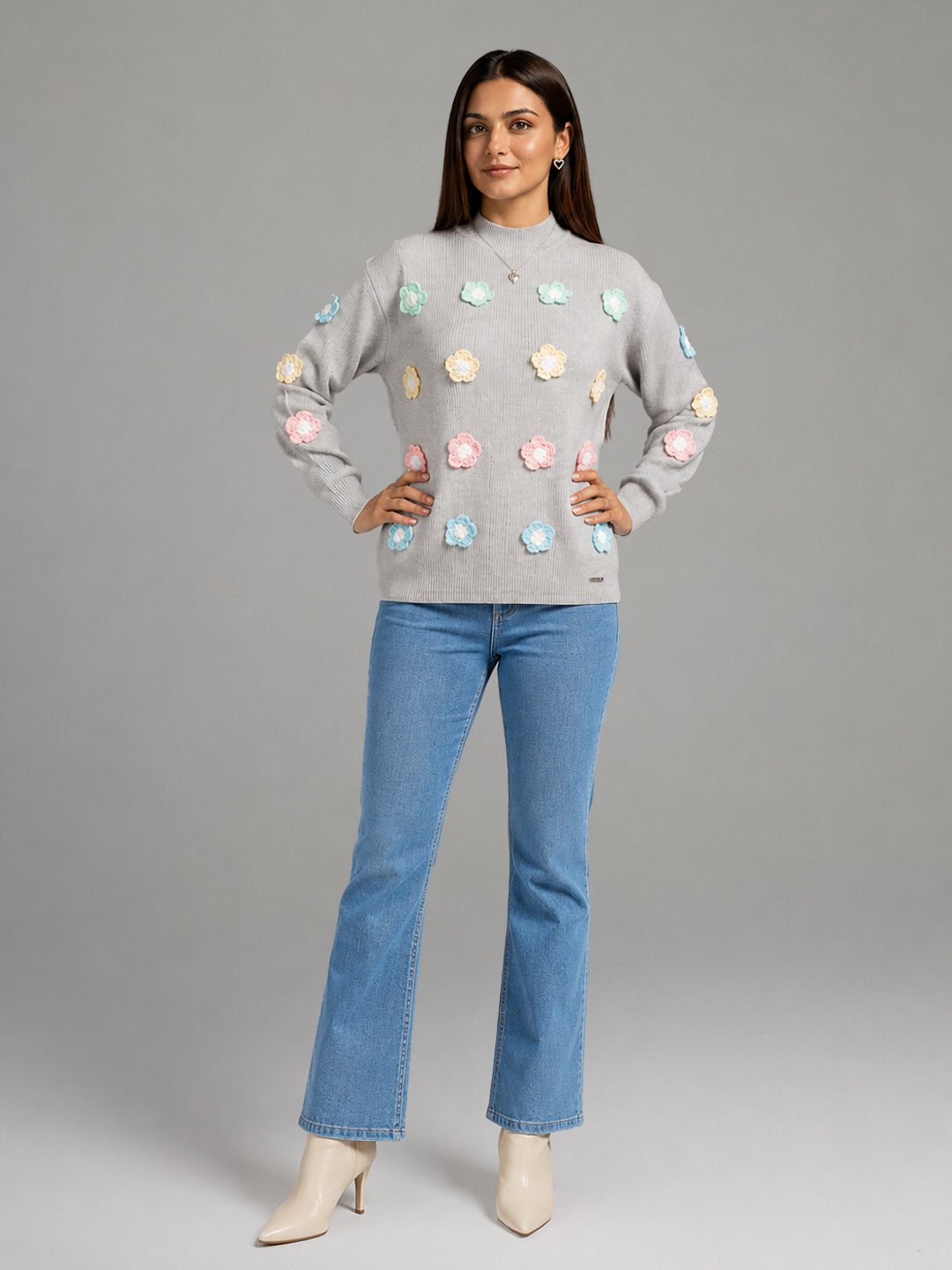Women Floral Applique Mock Neck Full Sleeve Sweater – Grey