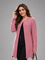 Women Pink Pearl Embellished Longline Cardigan