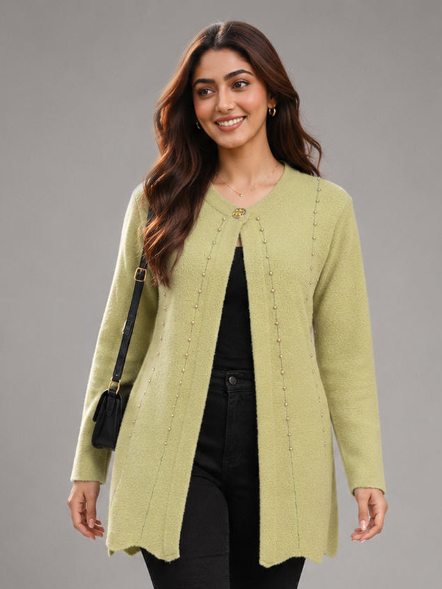 Women Pista Green Pearl Embellished Longline Cardigan
