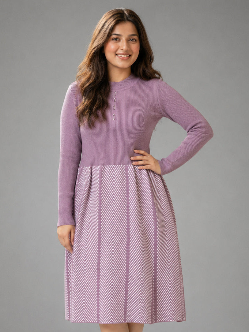 Women Purple Knit Winter Midi Dress