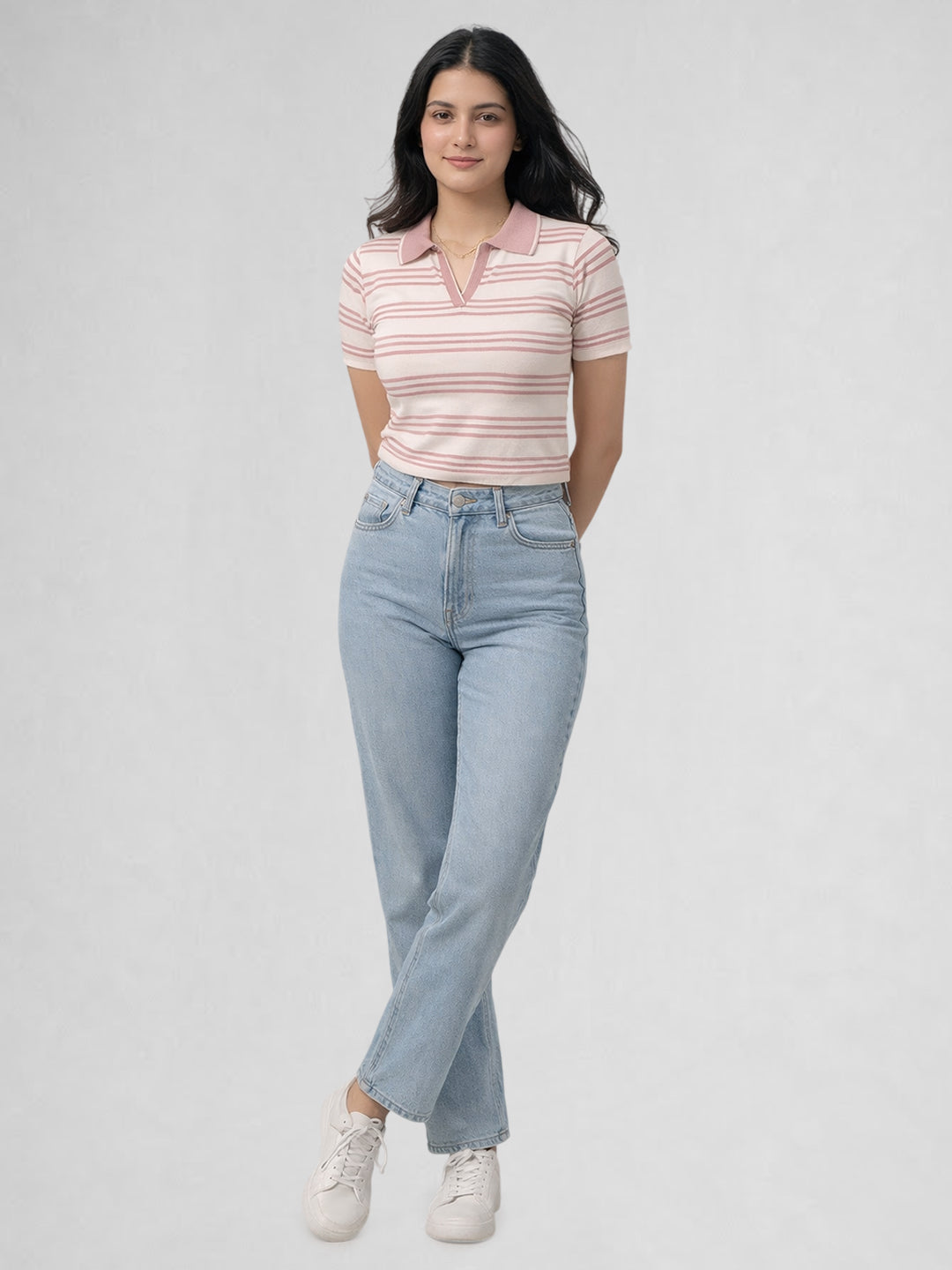 Women White & Pink Striped Polo Collar T-Shirt