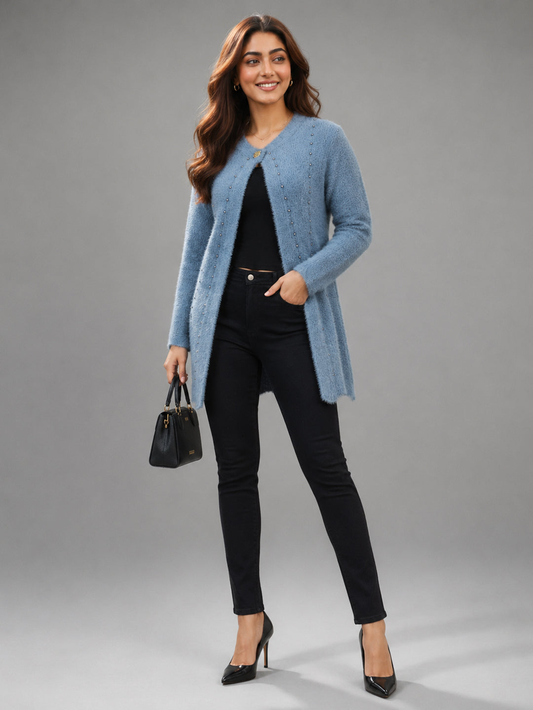 Women Sky Blue Pearl Embellished Longline Cardigan