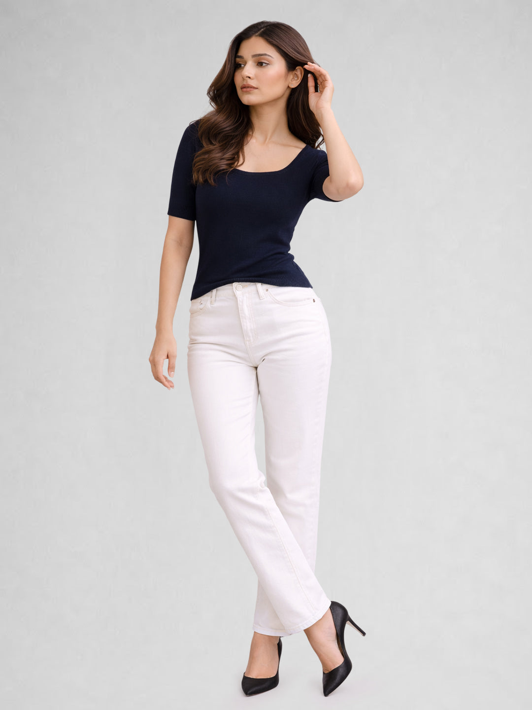 Women Cotton Ribbed Scoop Neck Half Sleeve Top Navy Blue