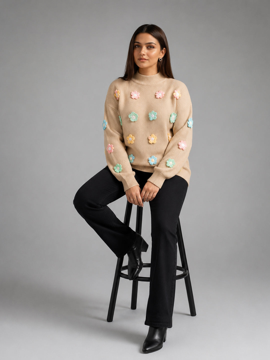 Women Floral Applique Mock Neck Full Sleeve Sweater – Beige