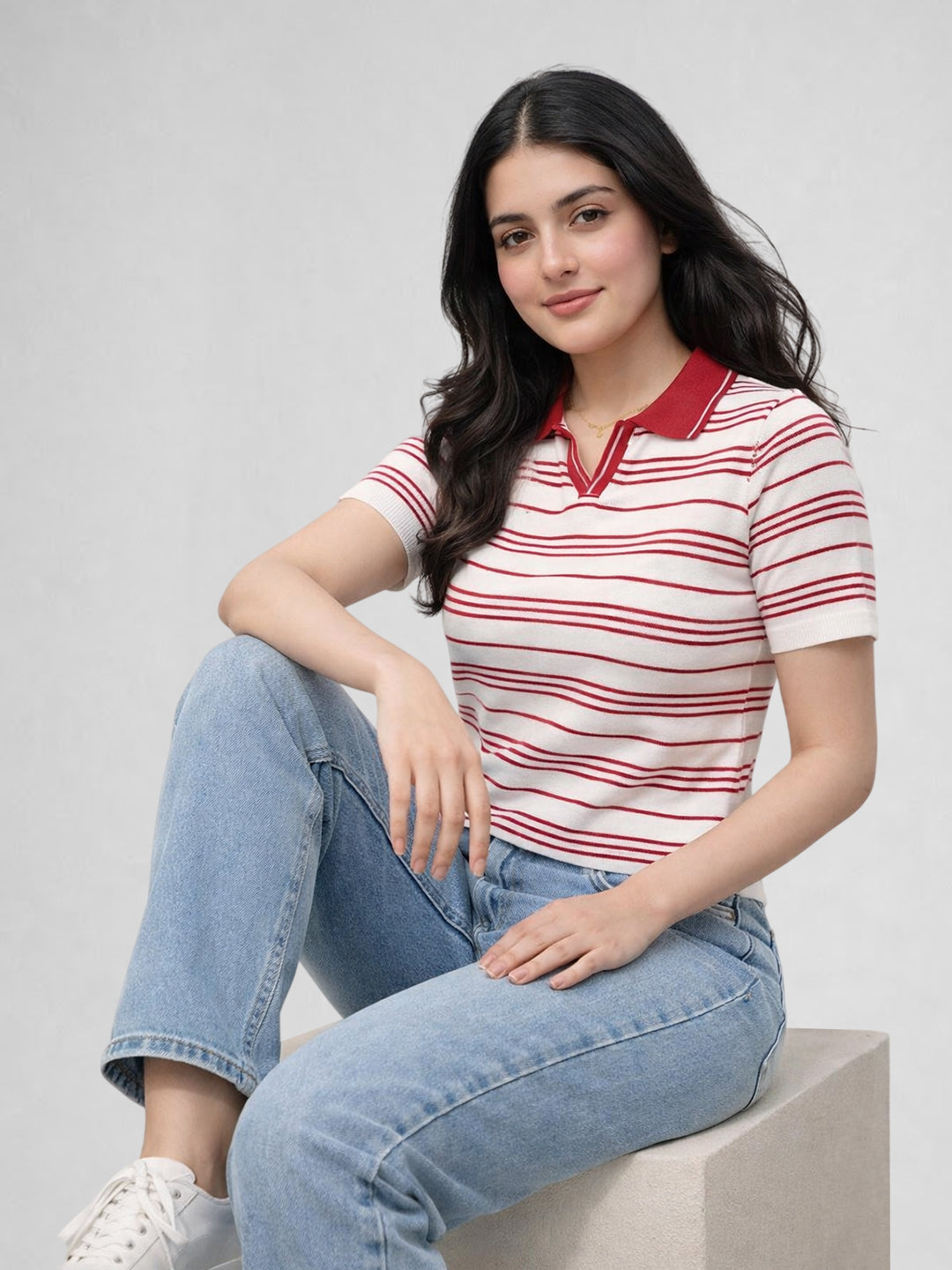 Women White & Red Striped Polo Collar T-Shirt