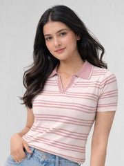 Women White & Pink Striped Polo Collar T-Shirt