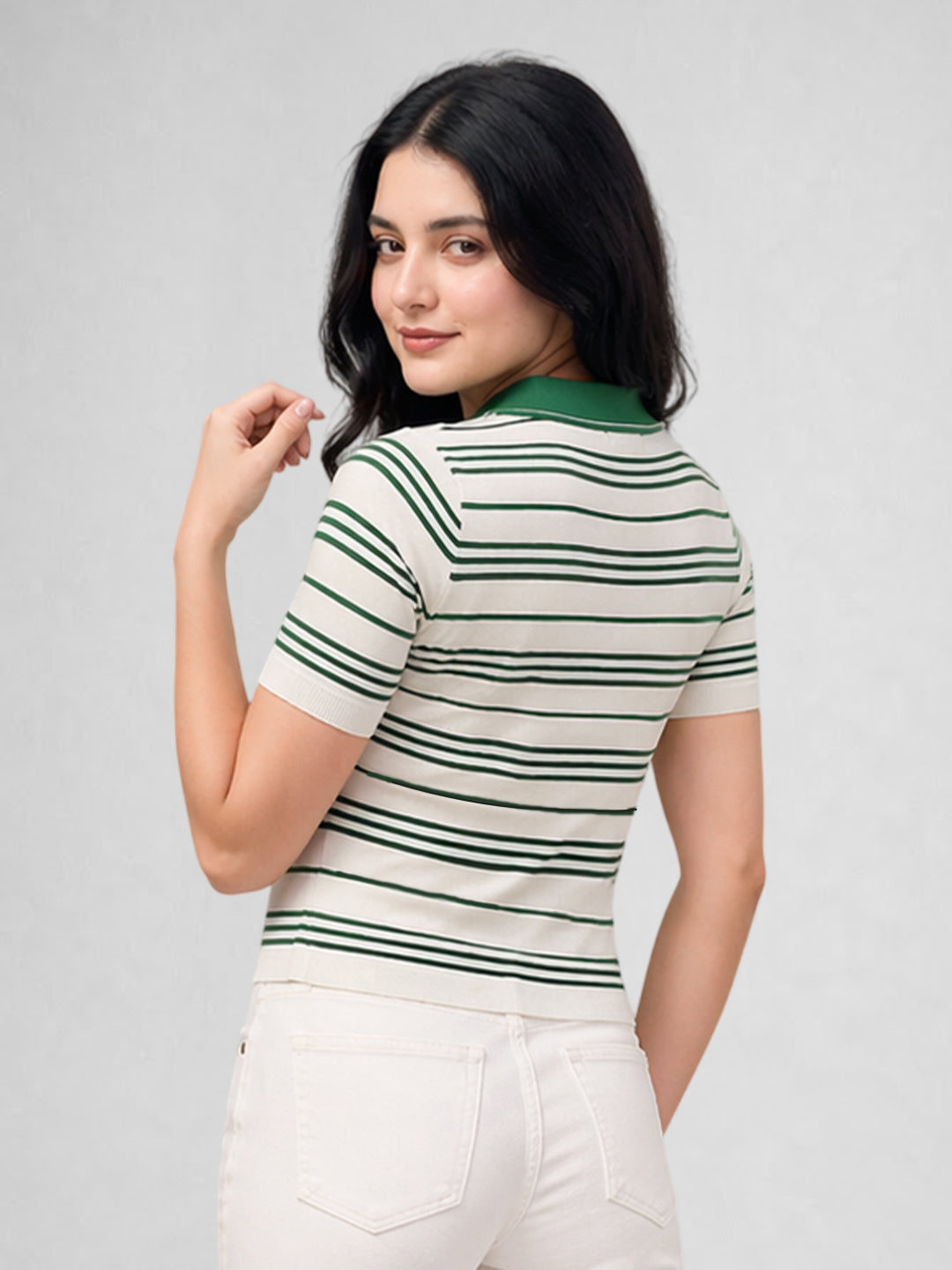 Women White & Green Striped Polo Collar T-Shirt