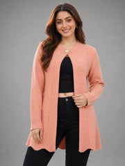 Women Peach Orange Pearl Embellished Longline Cardigan