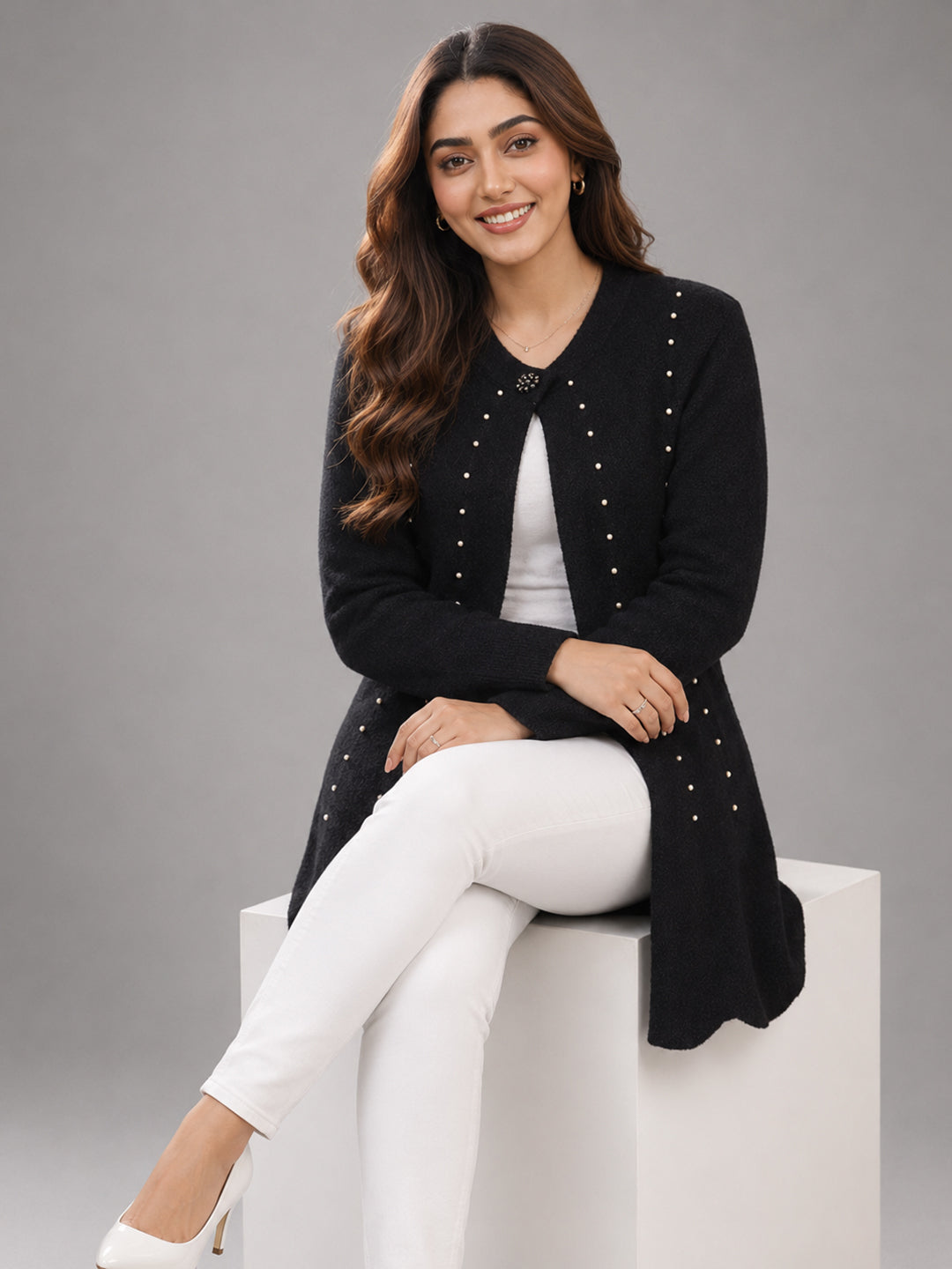 Women Black Pearl Embellished Longline Cardigan