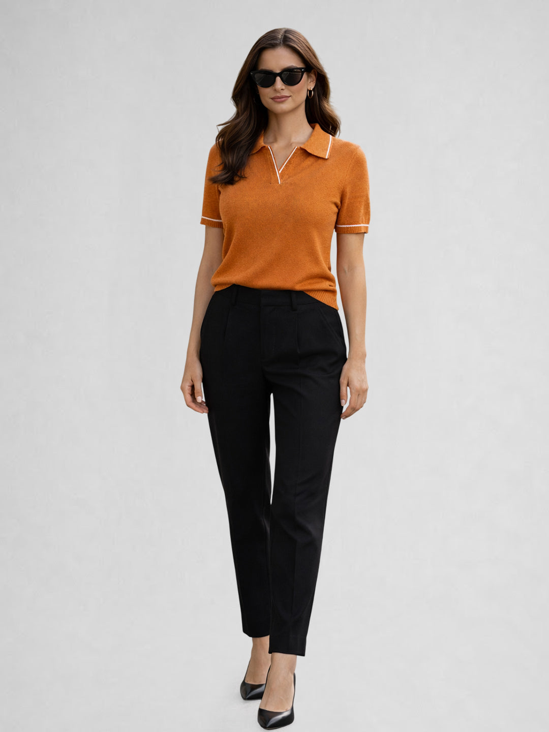 Women Solid Polo Collar Short Sleeve T-Shirt – Rust
