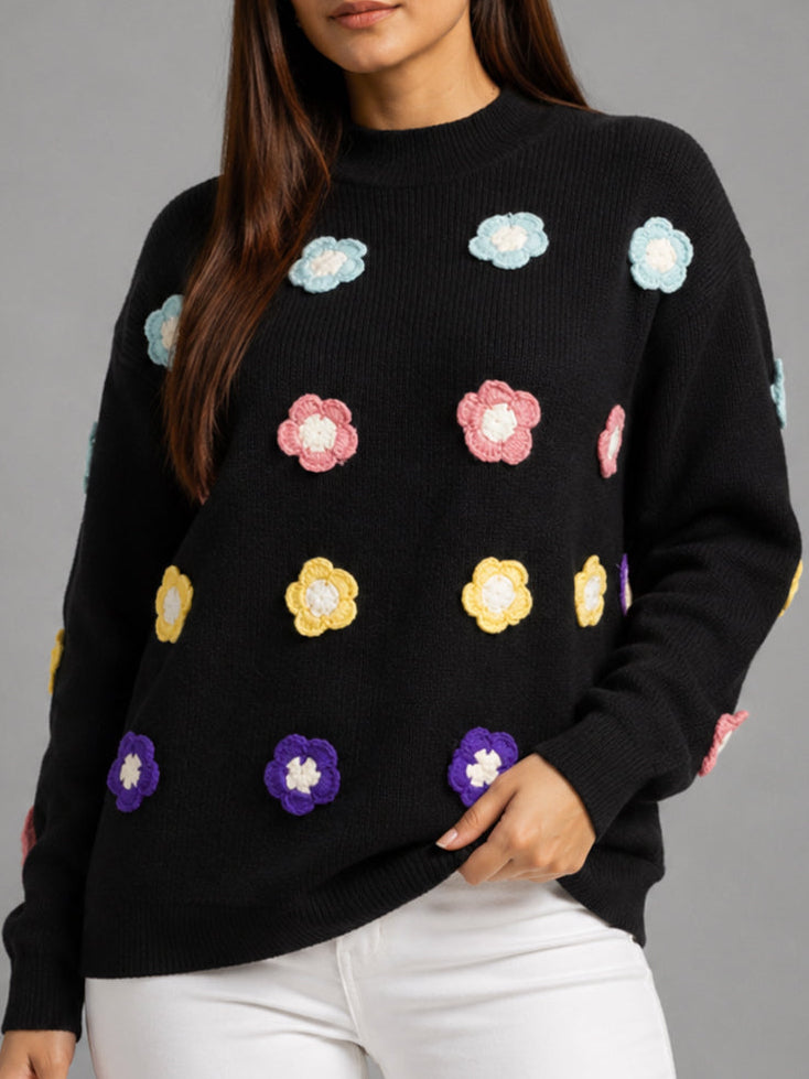 Women Floral Applique Mock Neck Full Sleeve Sweater – Black