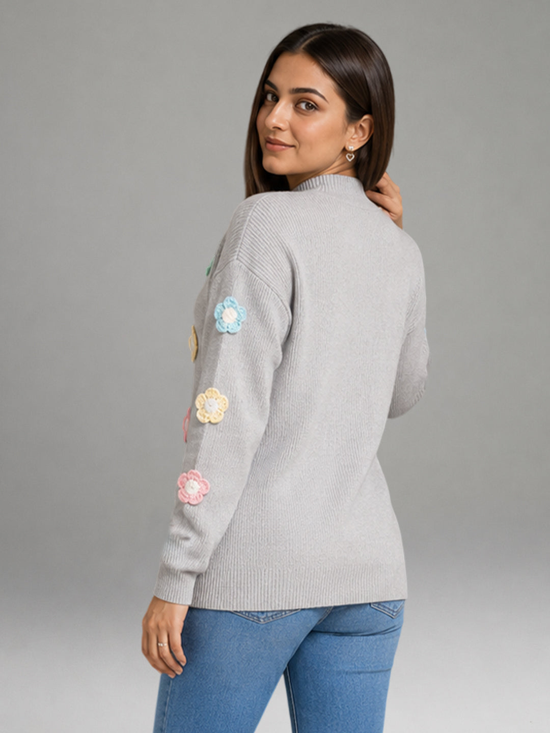 Women Floral Applique Mock Neck Full Sleeve Sweater – Grey