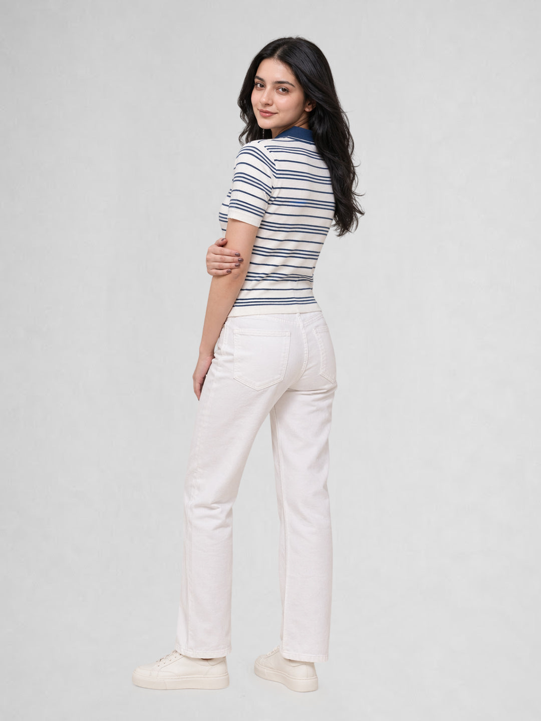 Women White & Blue Striped Polo Collar T-Shirt