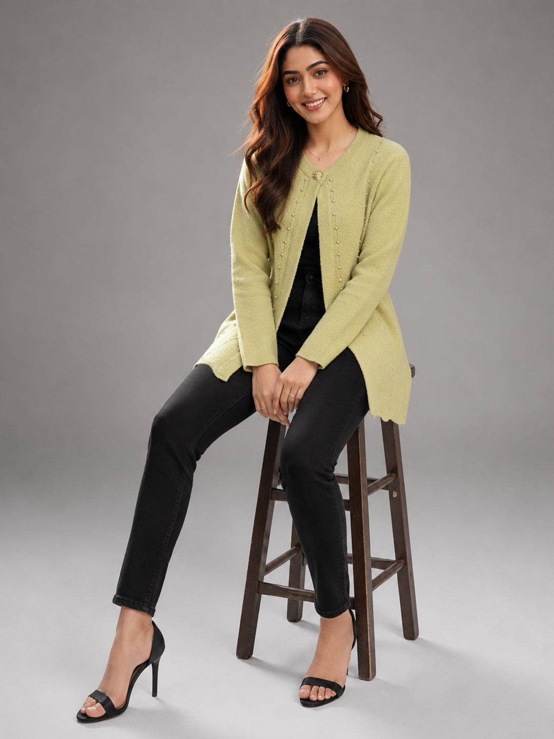 Women Pista Green Pearl Embellished Longline Cardigan