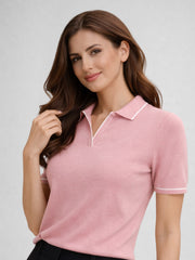Women Solid Polo Collar Short Sleeve T-Shirt – Pink