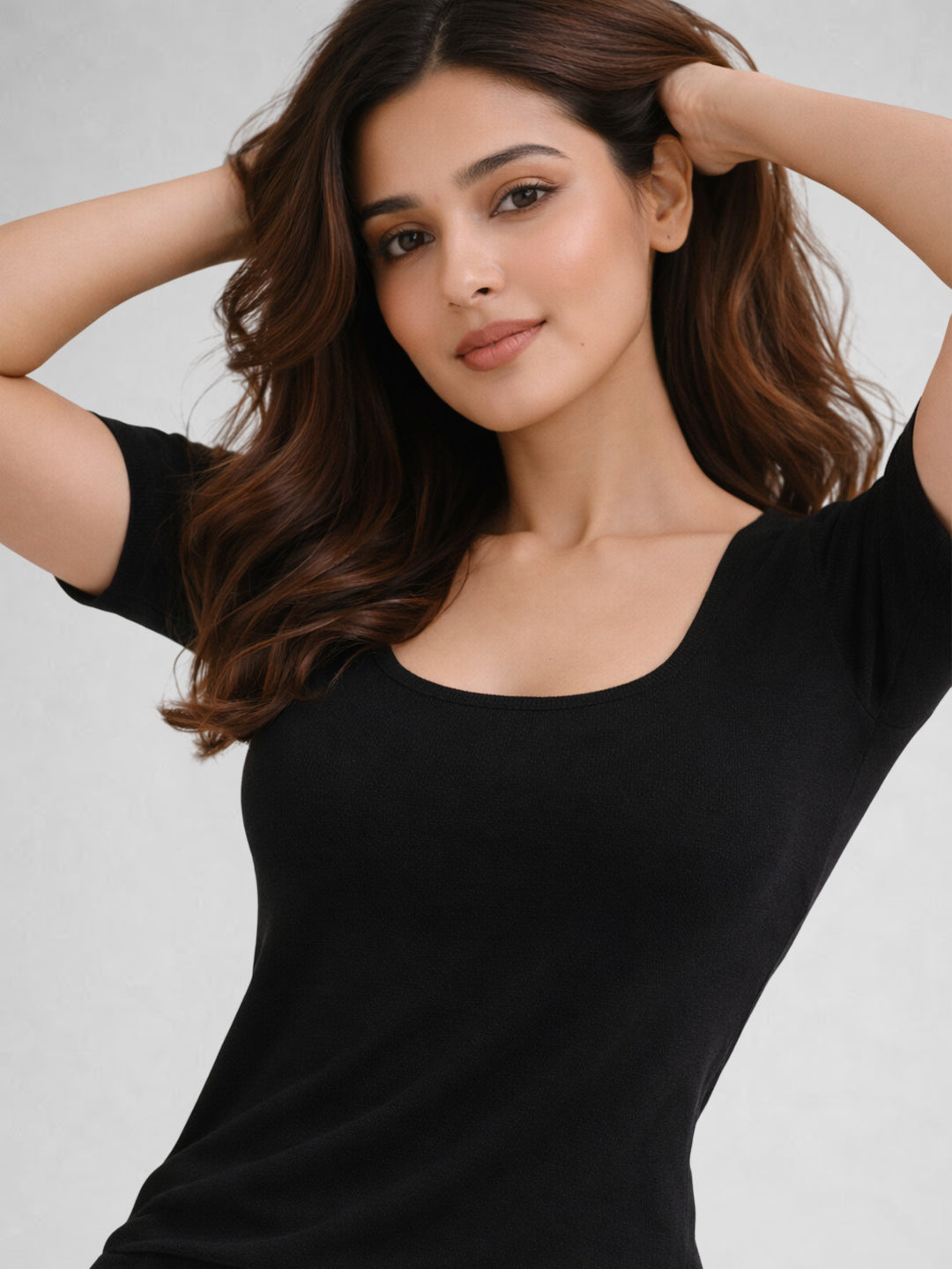 Women Cotton Ribbed Scoop Neck Half Sleeve Top Black