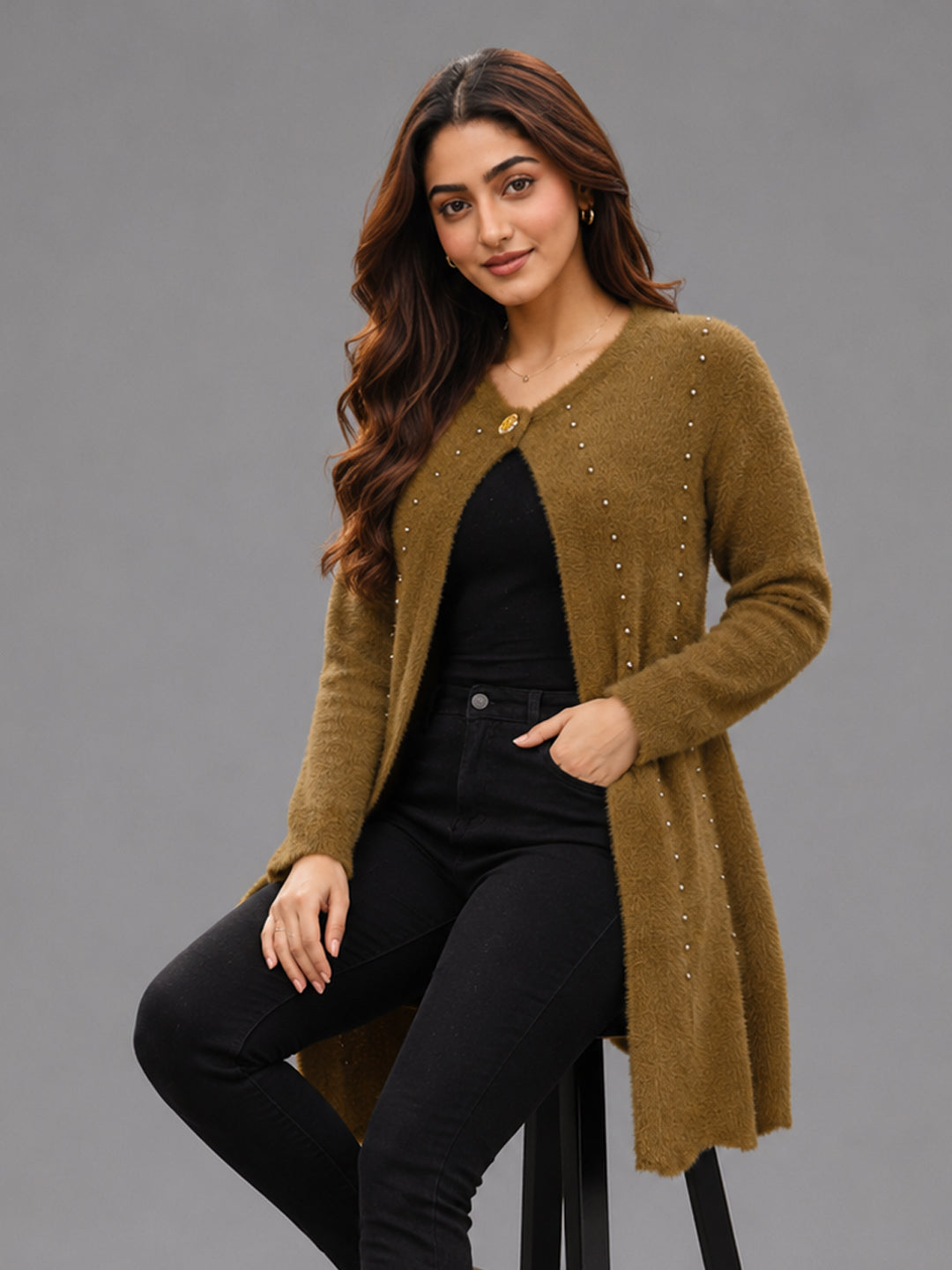 Women Brown Pearl Embellished Longline Cardigan