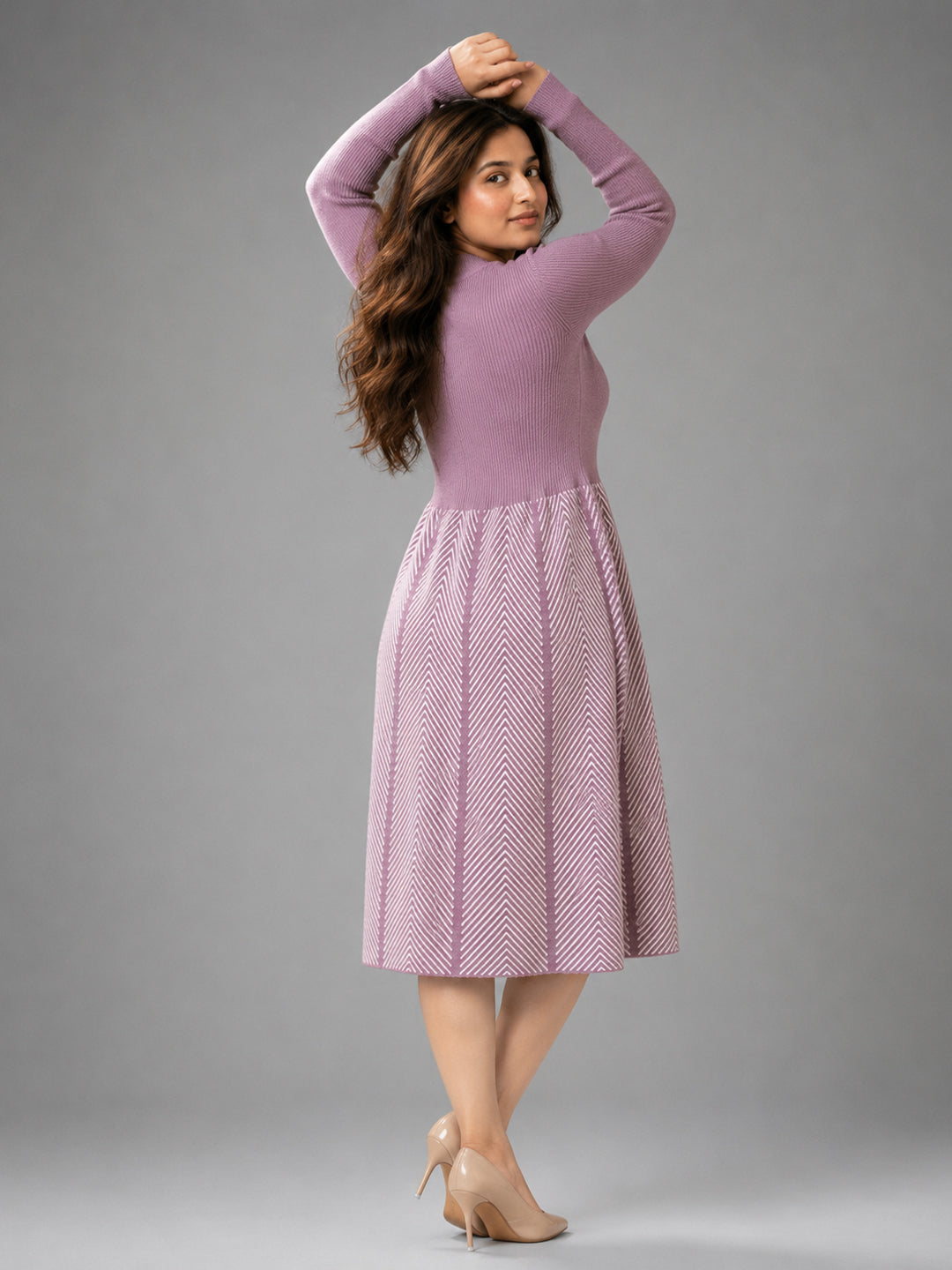 Women Purple Knit Winter Midi Dress