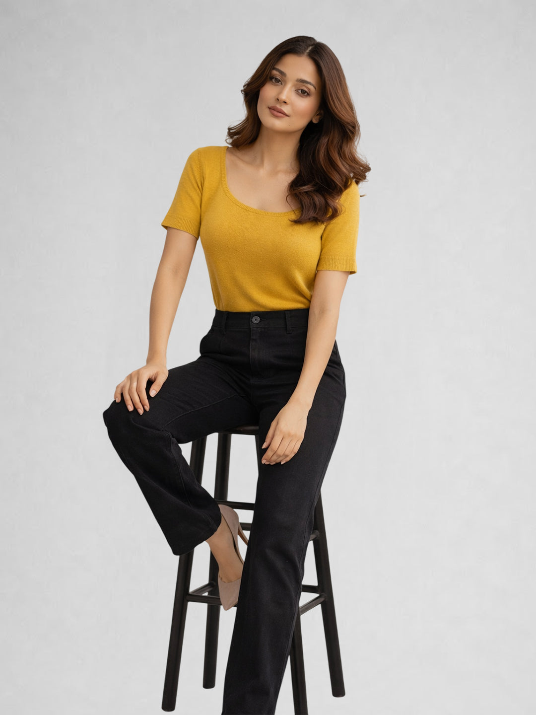 Women Cotton Ribbed Scoop Neck Half Sleeve Top Yellow