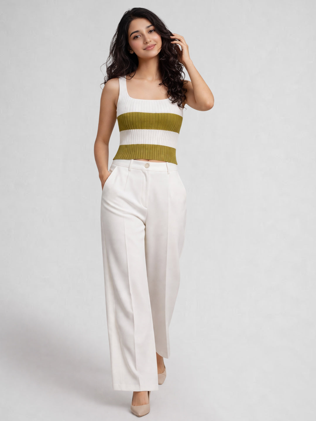 Women Cotton Ribbed Colorblock Sleeveless Crop Top – Olive Green