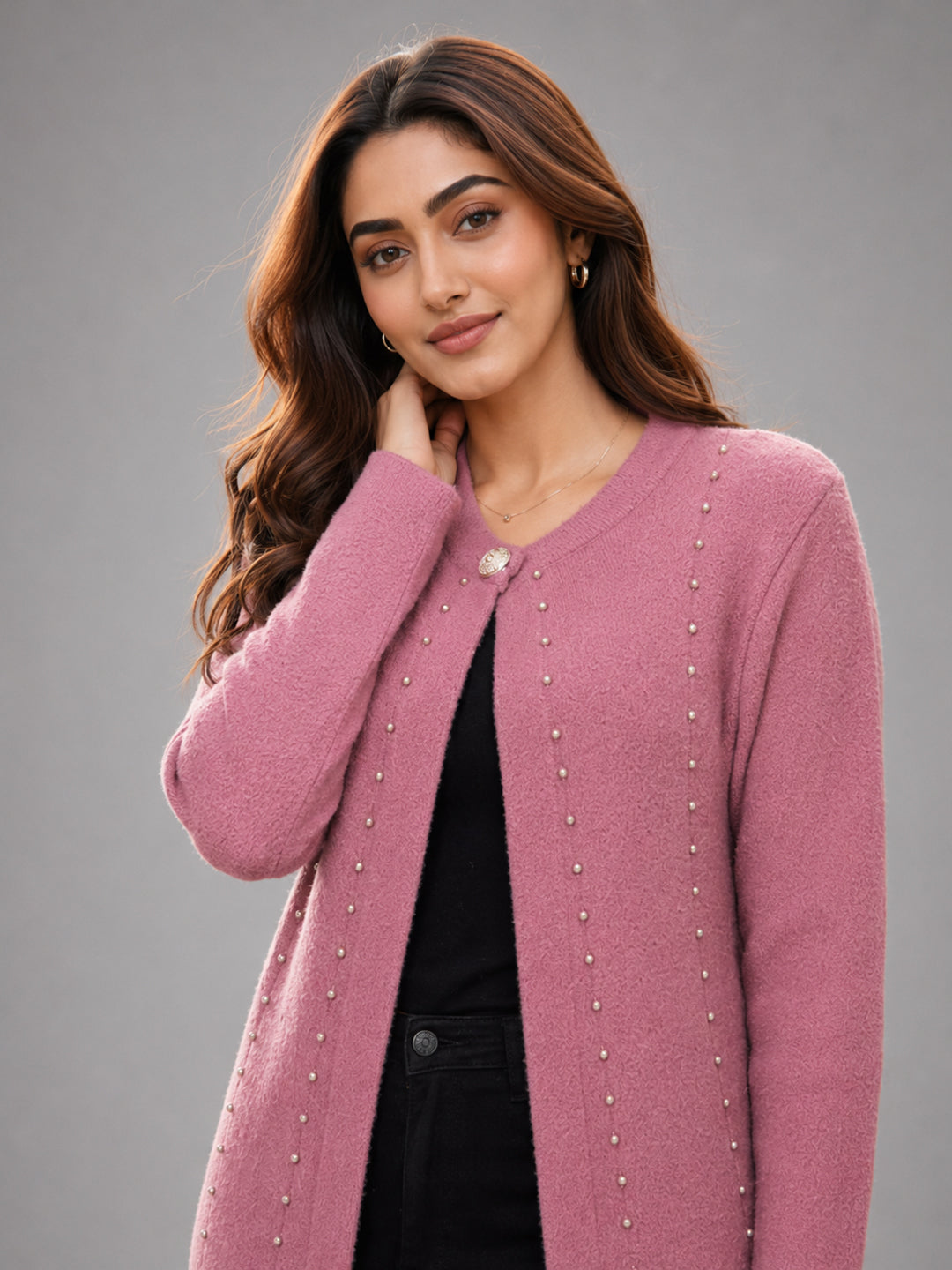 Women Pink Pearl Embellished Longline Cardigan