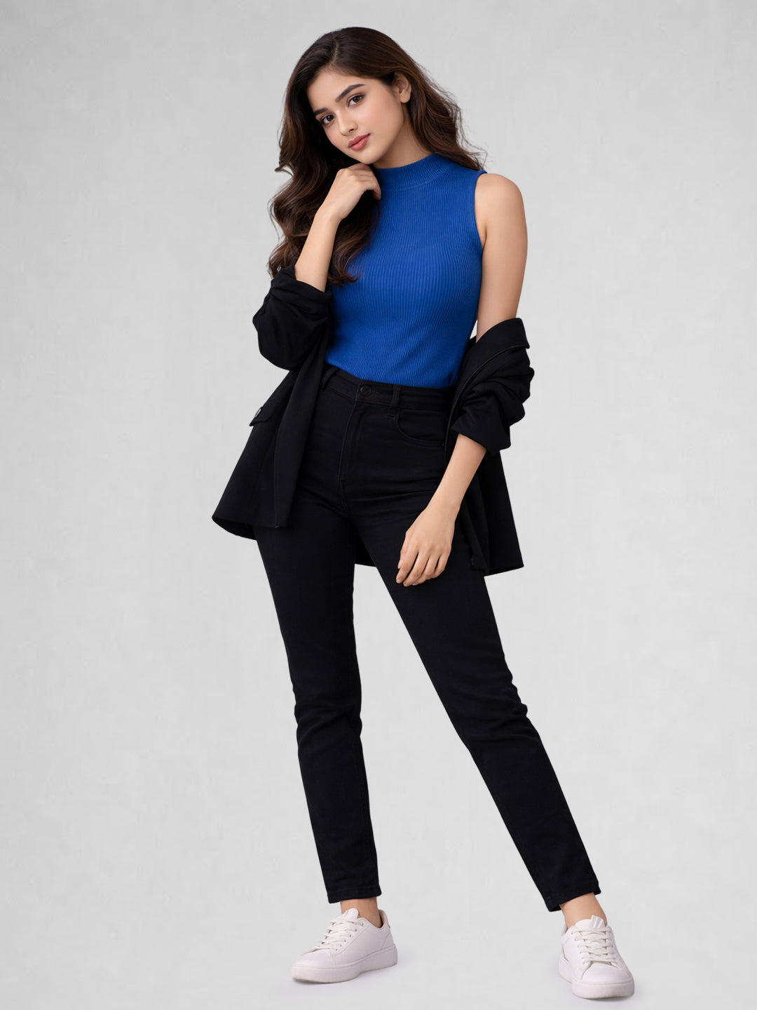 Women Ribbed High Neck Sleeveless Crop Top – Blue