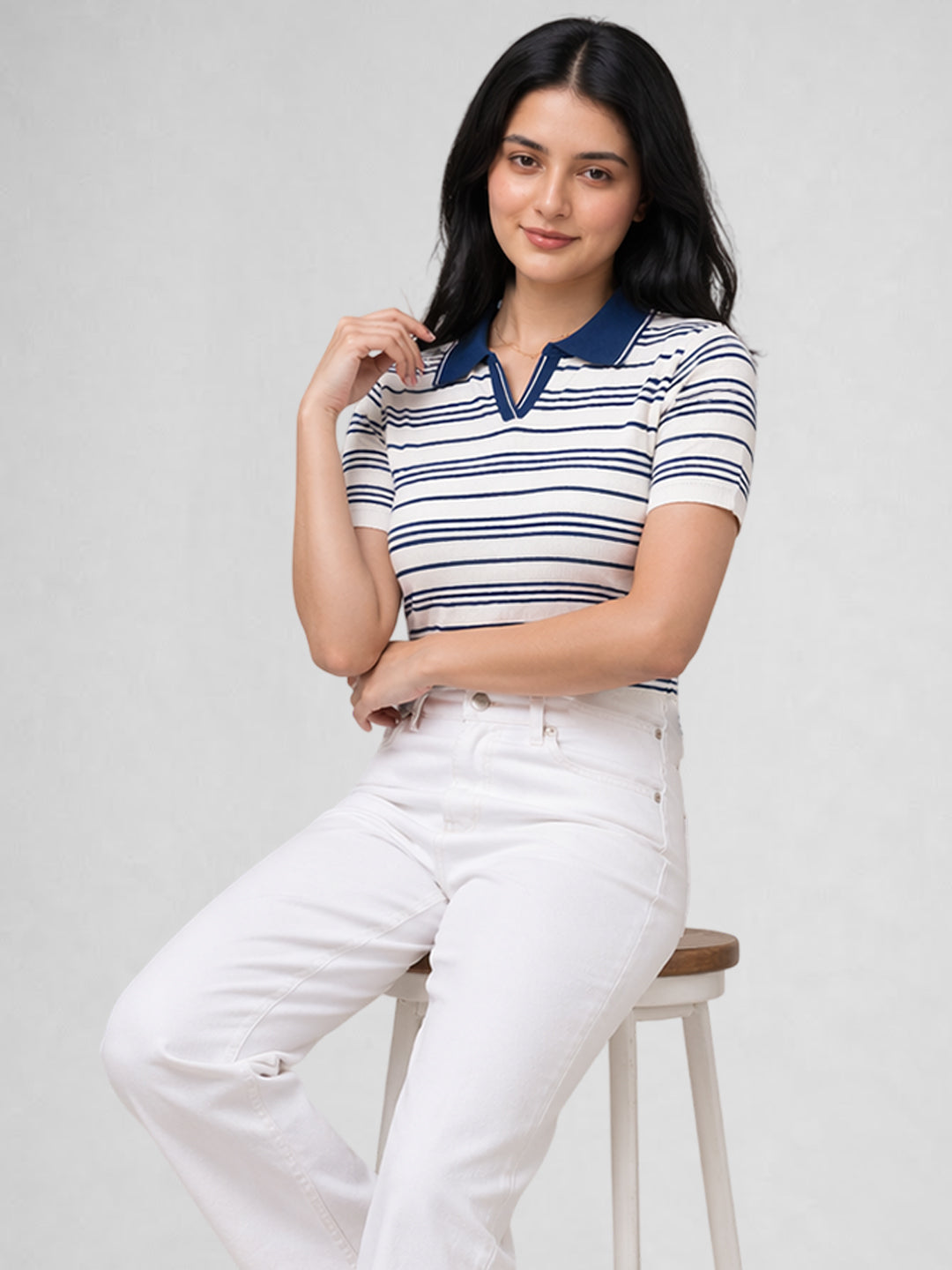 Women White & Blue Striped Polo Collar T-Shirt
