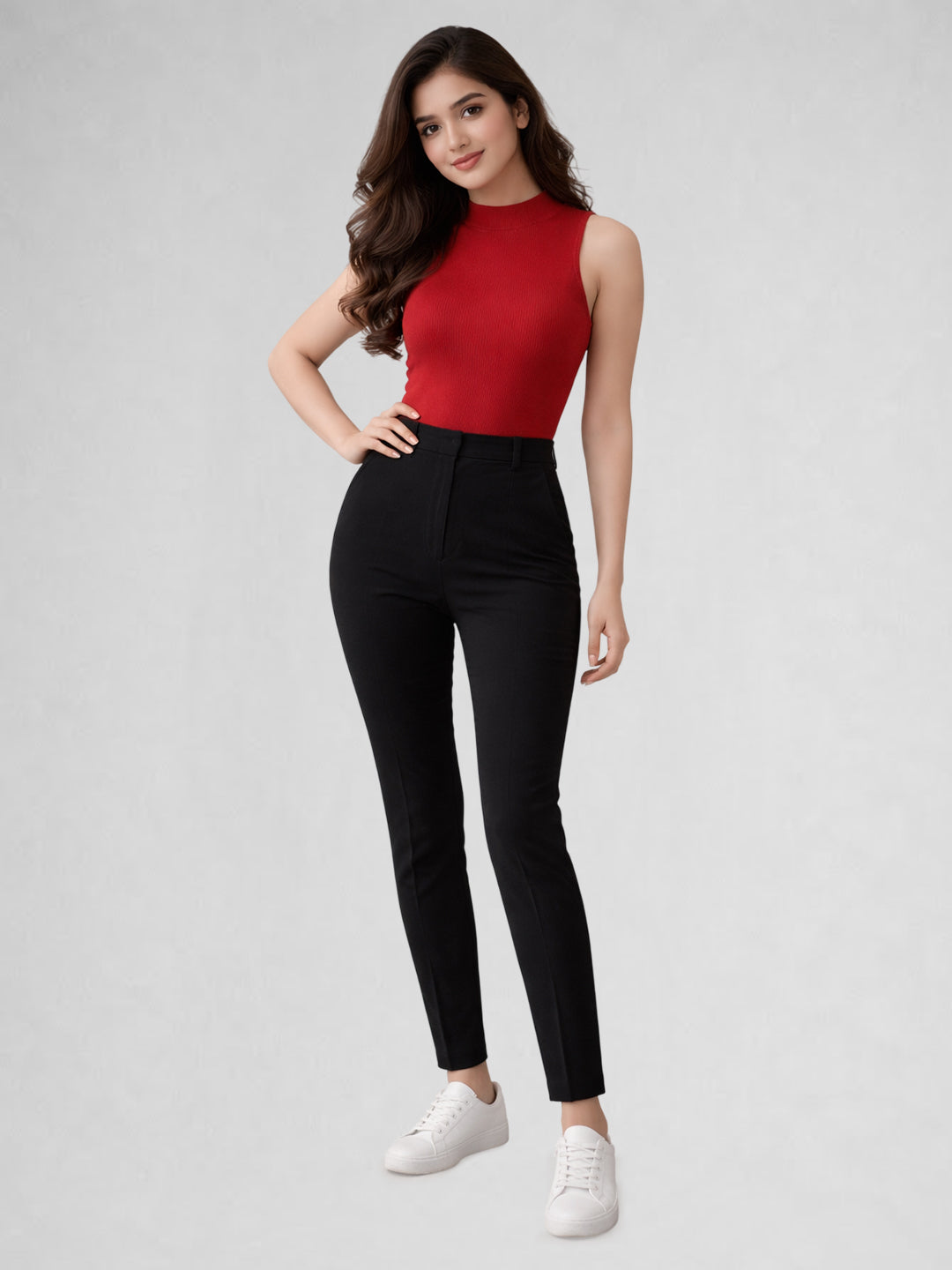 Women Ribbed High Neck Sleeveless Crop Top – Red