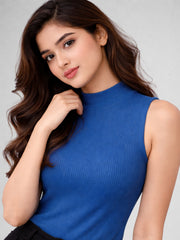 Women Ribbed High Neck Sleeveless Crop Top – Blue