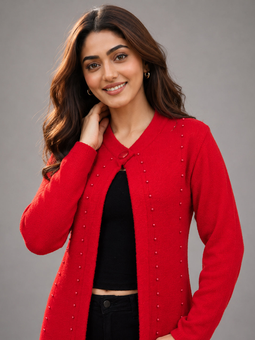 Women Red Pearl Embellished Longline Cardigan