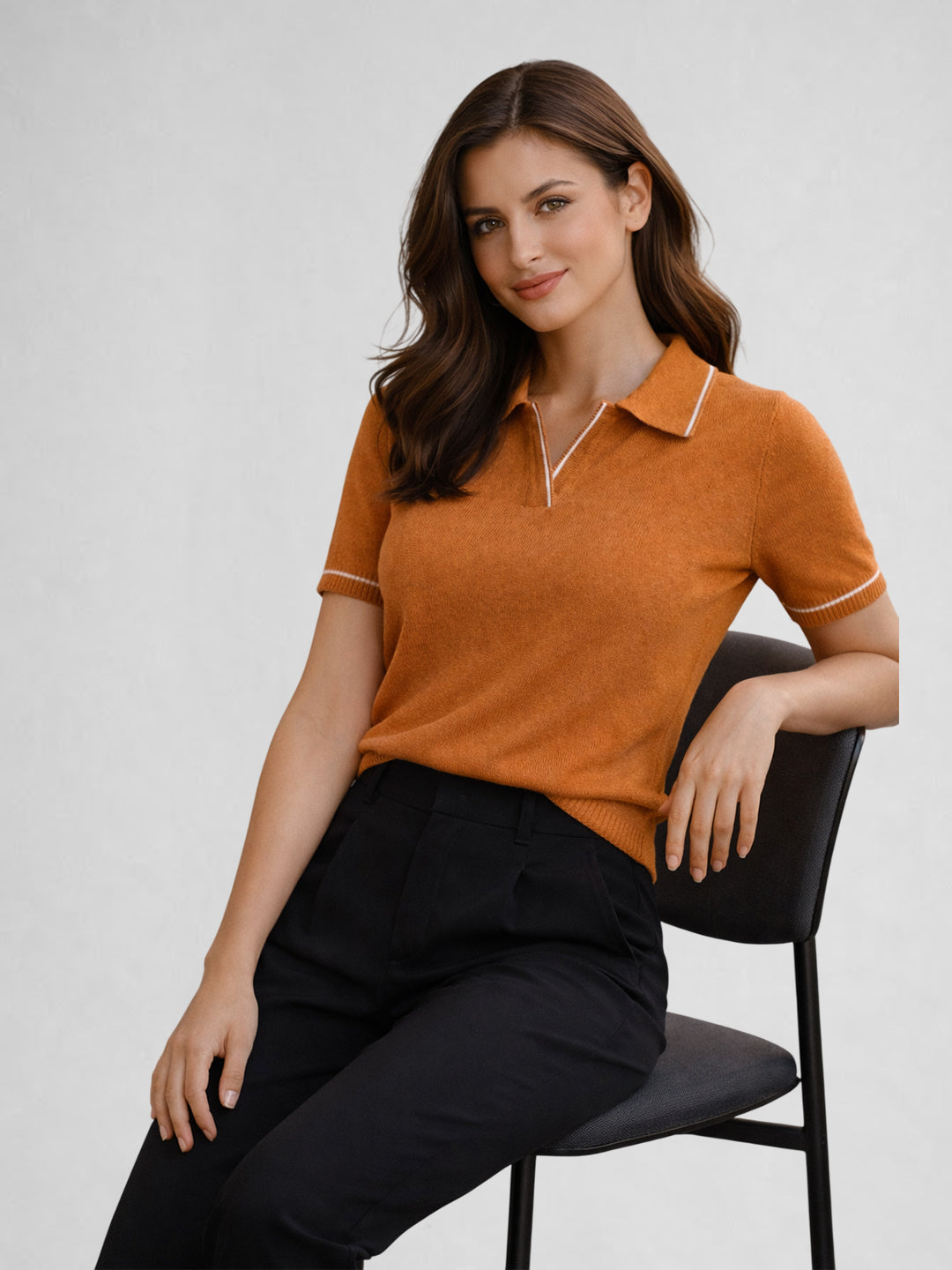 Women Solid Polo Collar Short Sleeve T-Shirt – Rust