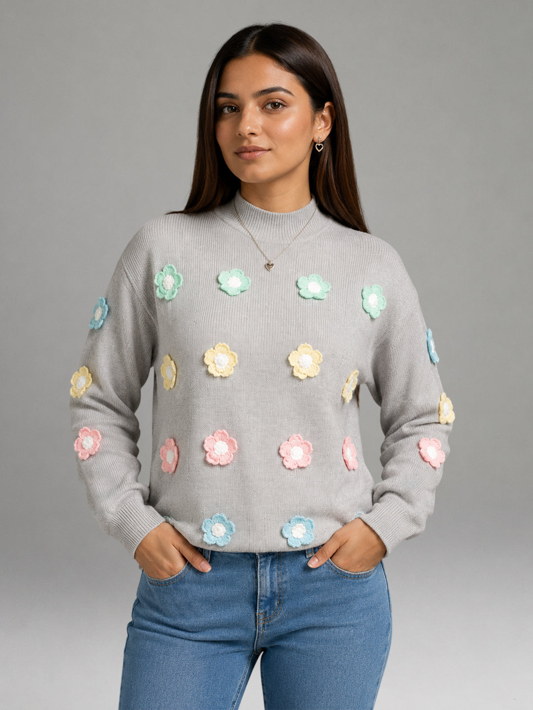 Women Floral Applique Mock Neck Full Sleeve Sweater – Grey