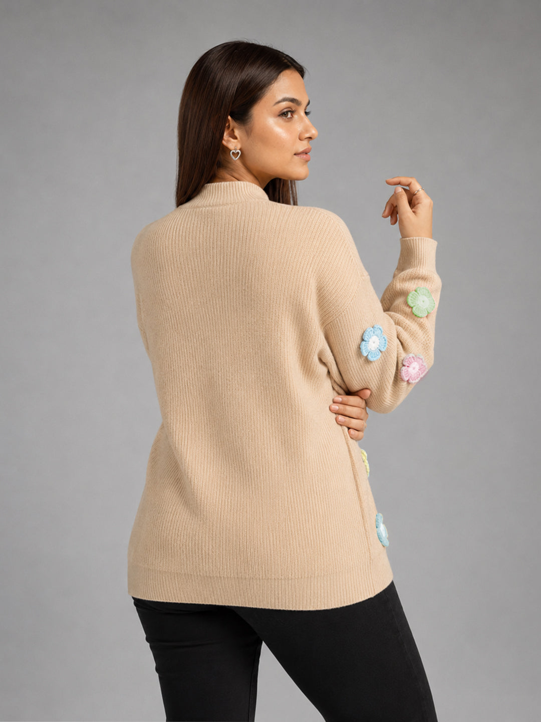 Women Floral Applique Mock Neck Full Sleeve Sweater – Beige